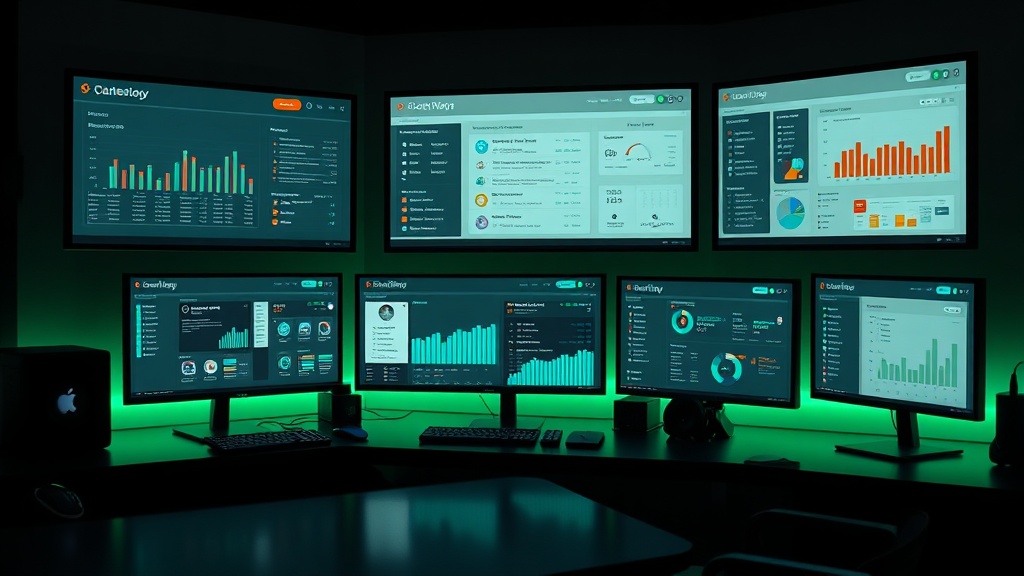 A modern workspace with automated business dashboards and booking management systems