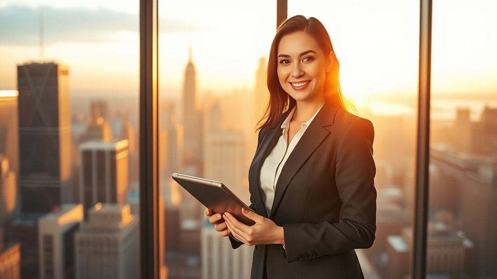 A successful PMU business owner looking accomplished with a city skyline at golden hour