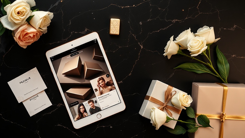 Premium PMU branding materials and visual identity elements on a dark marble surface