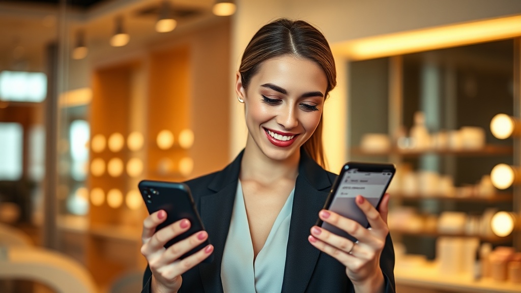 A confident PMU business owner checking new booking notifications on her phone