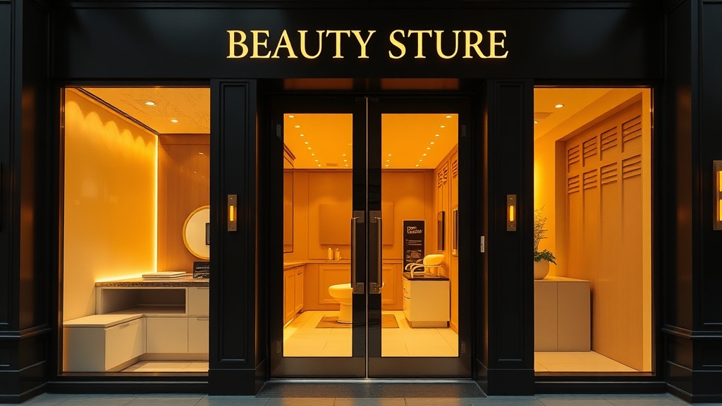 An elegant, inviting beauty studio entrance with warm golden lighting