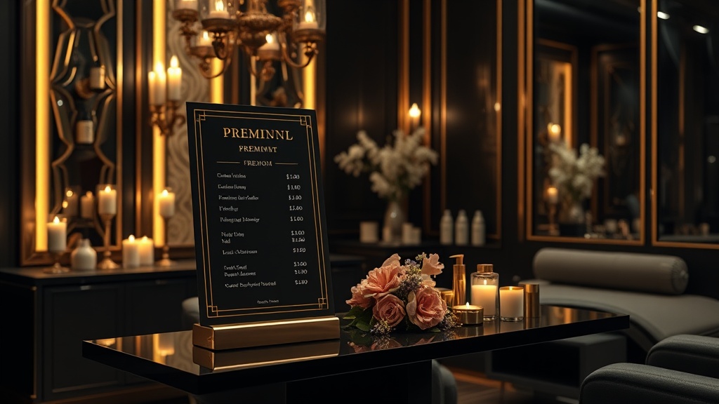 A premium beauty treatment room with elegant pricing and luxury decor