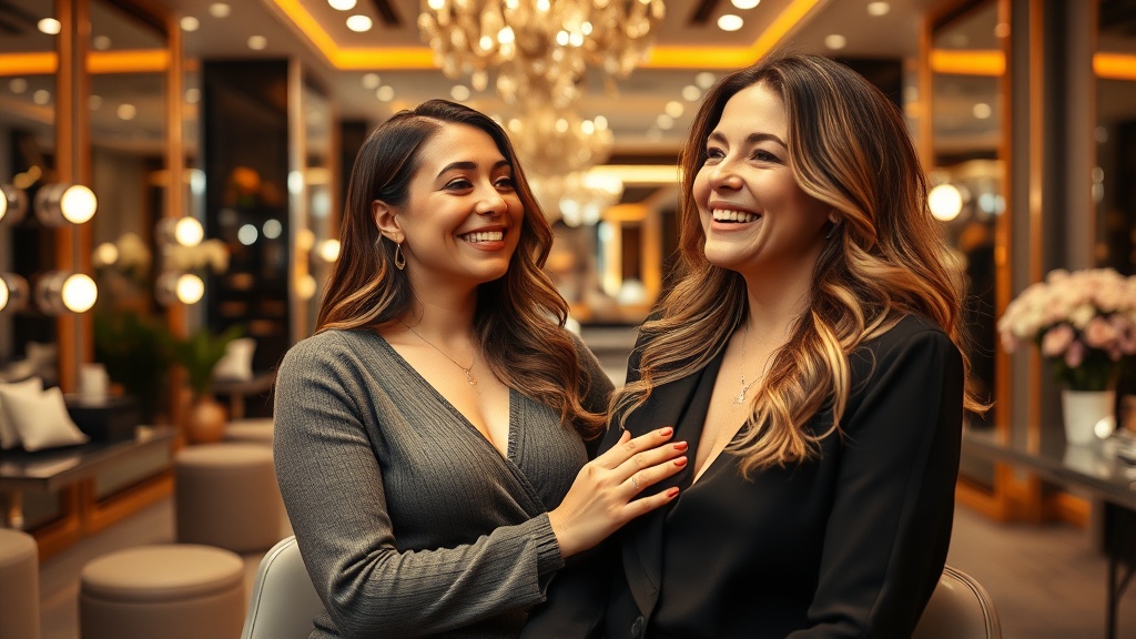 A PMU artist and happy client sharing a warm moment after a successful treatment in a luxury studio