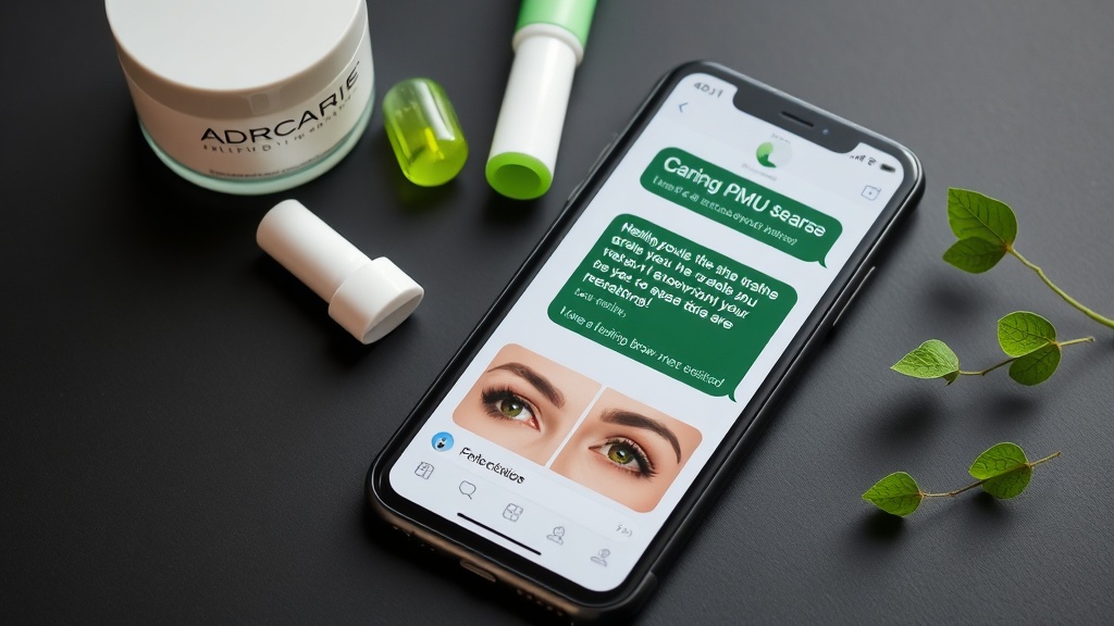 A flatlay of PMU aftercare products and an instruction card.