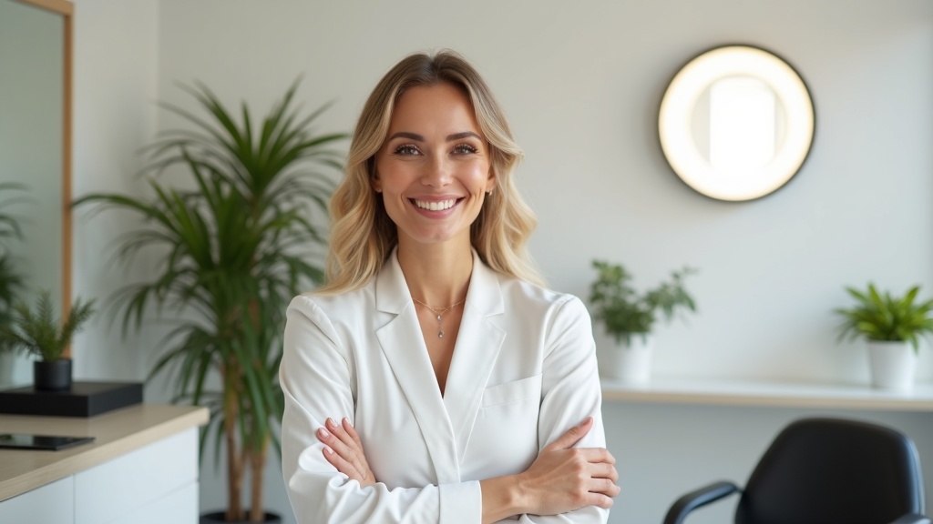 A confident PMU artist standing in her modern and successful studio.