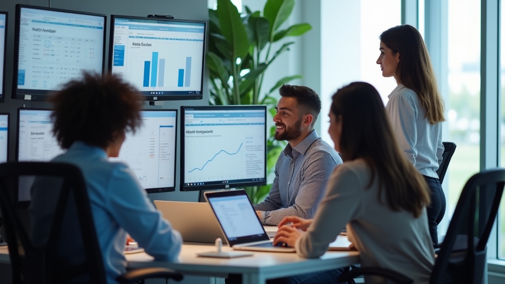 The friendly team of a PMU agency collaborating in a modern office.