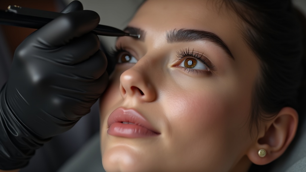 A PMU artist performing a lip blush treatment in a clean, professional UK clinic.