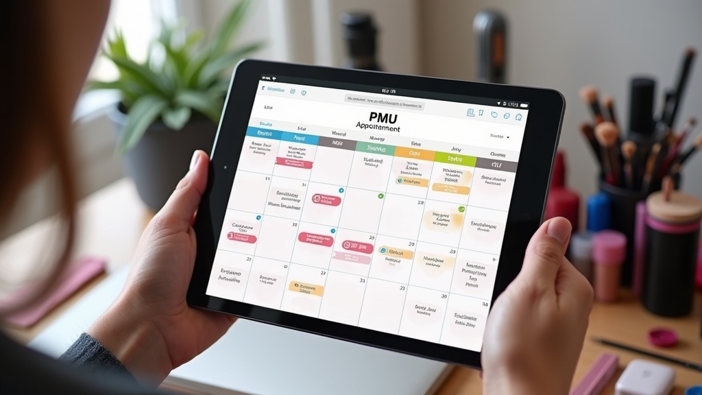 A PMU artist and client looking at a calendar to schedule a follow-up appointment.