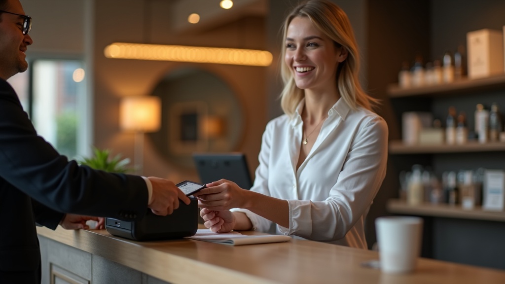 A PMU artist taking a deposit from a client for their appointment.