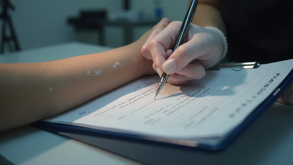 A client carefully reading and signing a consent form before a PMU procedure.